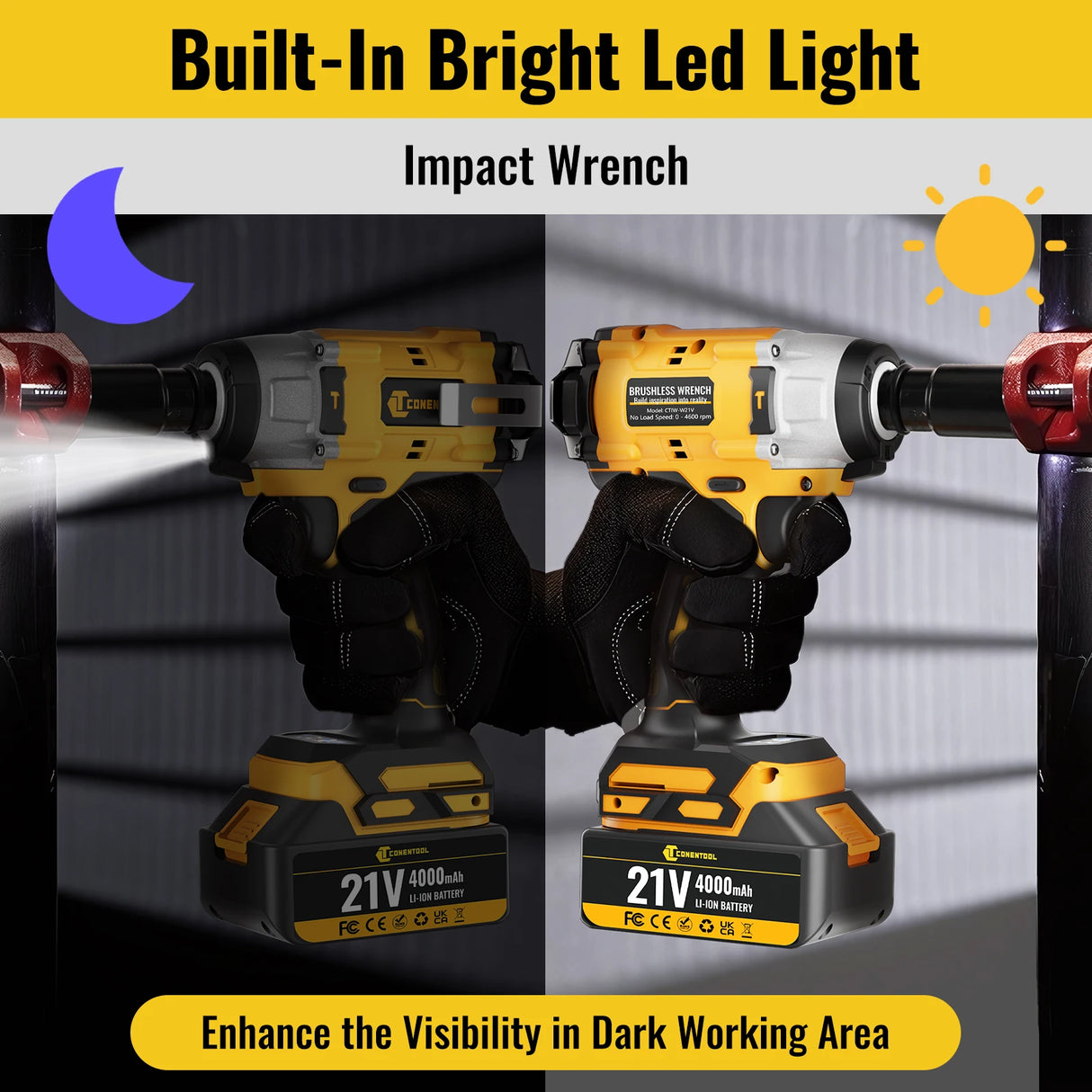 Conentool 21V Brushless Electric Impact Wrench 680N.m Cordless Electric Wrench Tool Kit Set with 2 Batteries and 14p Accessories