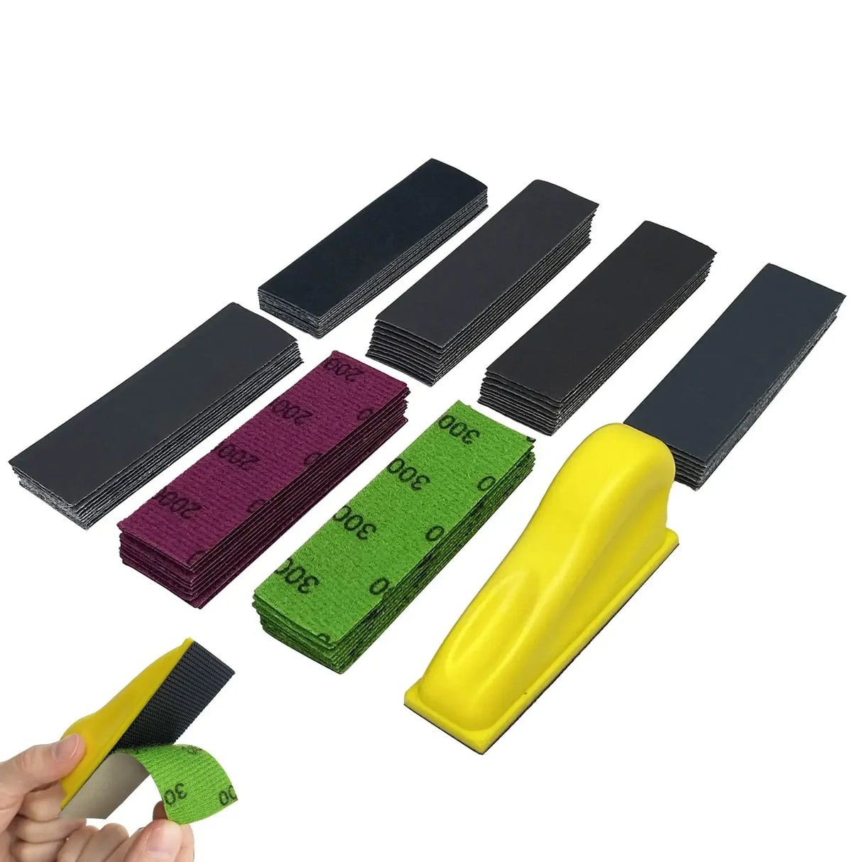 3.5”x 1” Mini Sandpaper Kit with Hook and Loop Sanding Block 71 Pcs Assorted 400/600/800/1000/1500/2000/3000 Grits for Polishing