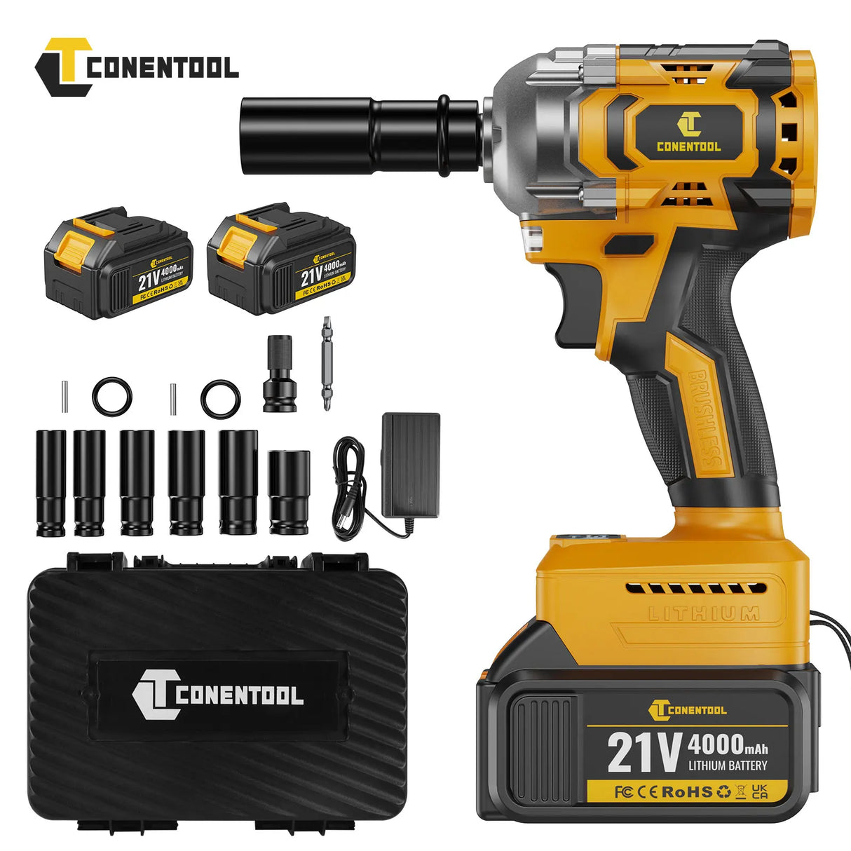 Conentool 21V 680N.m Cordless Brushless Electric Impact Wrench Power Tools with 2 Batteries and 12PCS Accessories for Car Repair