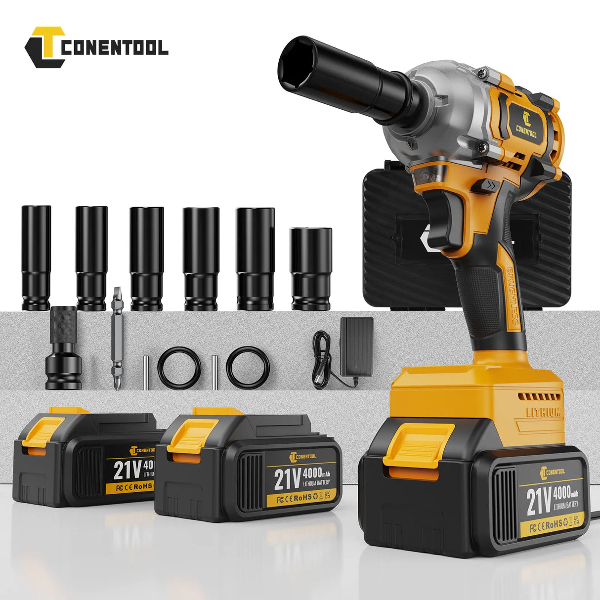 Conentool 21V 680N.m Cordless Brushless Electric Impact Wrench Power Tools with 2 Batteries and 12PCS Accessories for Car Repair