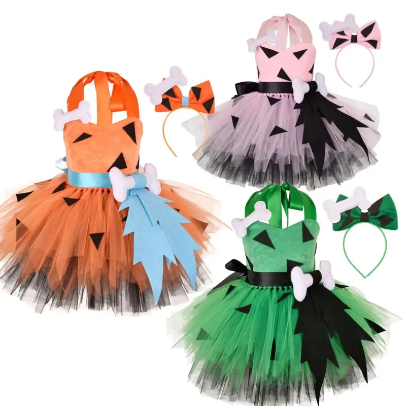 2026 2024 Baby Halloween Costume Clothing Flinstones Pebbles Kids Girls Cosplay Tutu Dress With Hairpin Stage Performance MR5VH