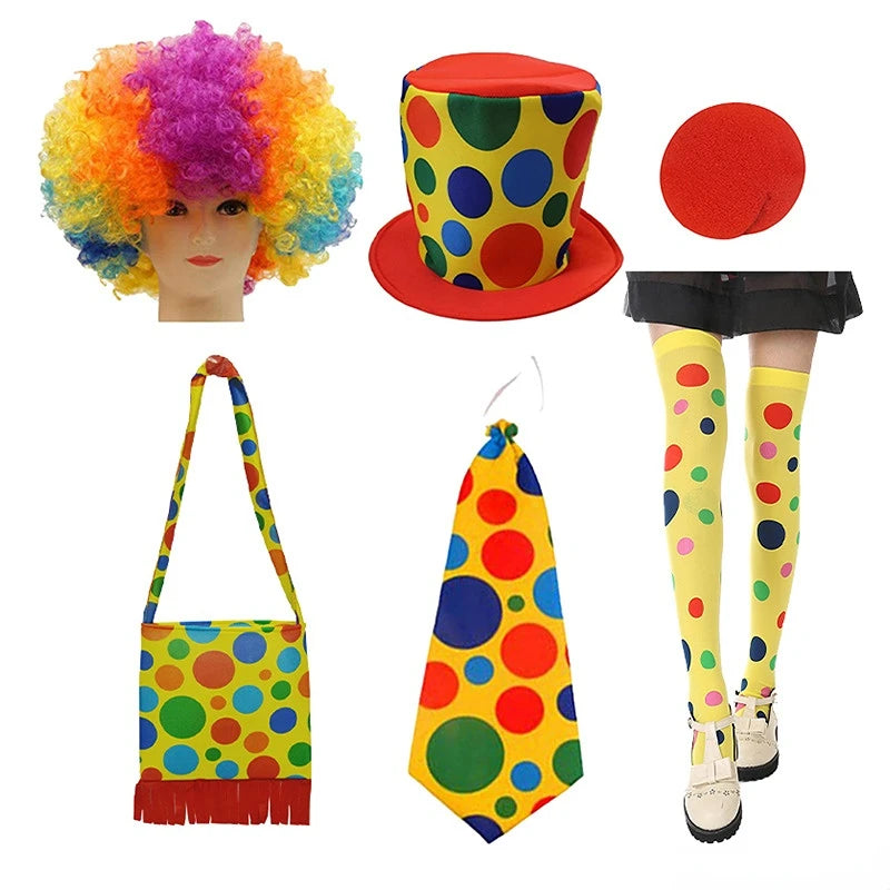 Clown Costume - Nose Wig Bow Tie Shoes Headband Gloves Hat Stockings and Vest Dress Up Cosplay Props Accessories