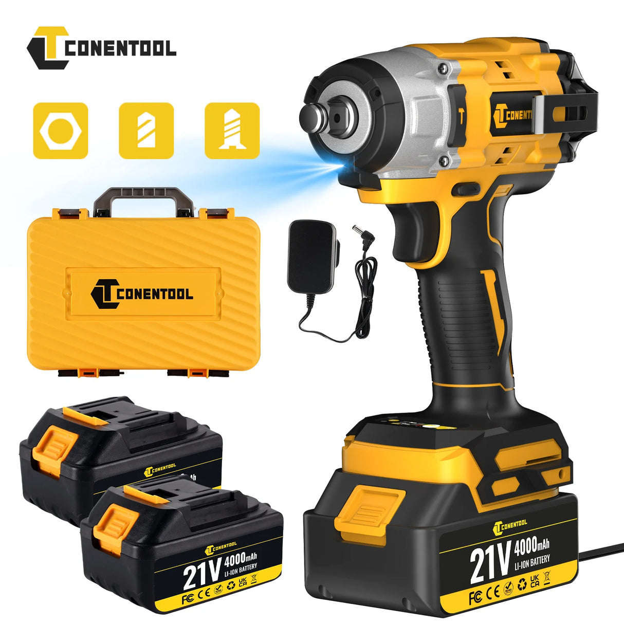 Conentool 21V Brushless Electric Impact Wrench 680N.m Cordless Electric Wrench Tool Kit Set with 2 Batteries and 14p Accessories