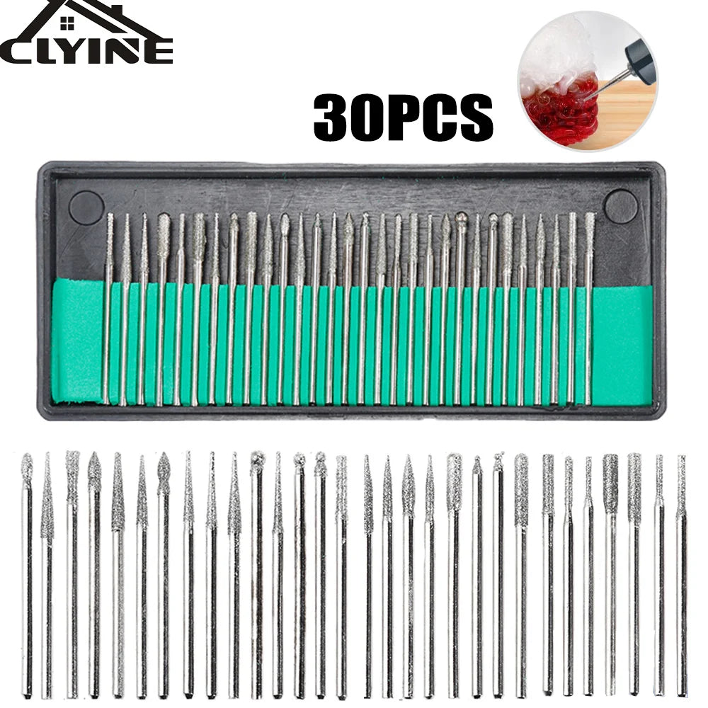 30pcs Shank Diamond Burs Set With Box For Dremel Electric Grinder Power Accessories Abrasive Drill Bit Rotary Tool Set 2.35/3mm