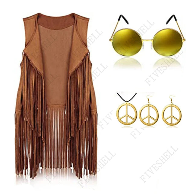 Halloween Hippie Costume Women's Set for Carnival 70s Clothing Accessories Six-Piece Set Tassel Vest+Pants+Headband Set