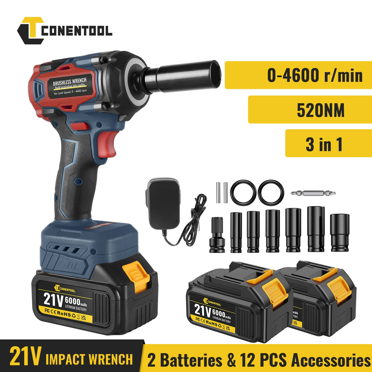 CONENTOOL 21V Cordless Electric Impact Wrench 520N.m Drill Gun Ratchet Driver With 2x 6000mAh Batteries & Carry Box for Car Home