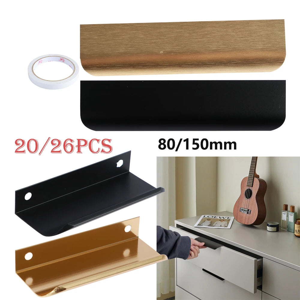 26/20Pcs New Hidden Cabinet Handles 80/150mm Kitchen Cupboard Pulls Drawer Knobs Aluminum Handle No Drill for Furniture Hardware