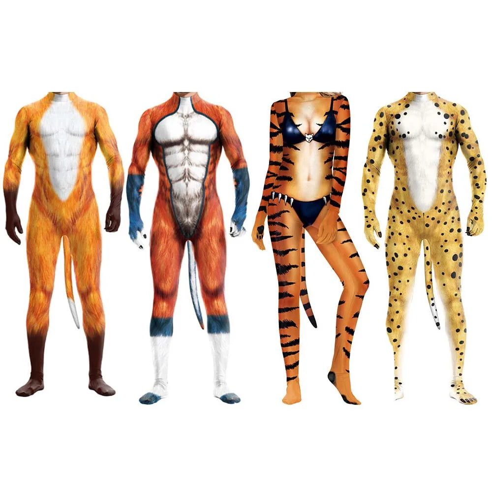 Halloween Costume Adult Mens Wild Animal Cosplay Costume Full Cover 3D Print Beast Petsuit Jumpsuit Bodysuit Tail