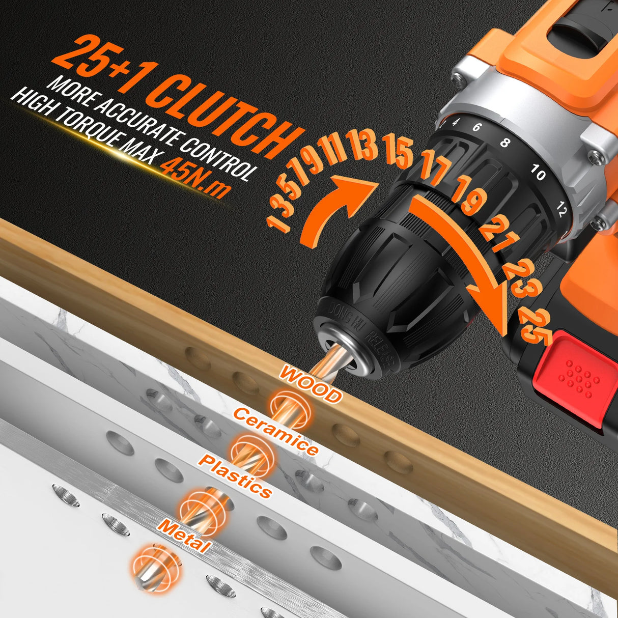 Conentool 45N.m Cordless Drill Driver Electric Screwdriver Rechargeable 2 Battery 25+1 Clutch Torque Impact Drill 36PCS Tool Set