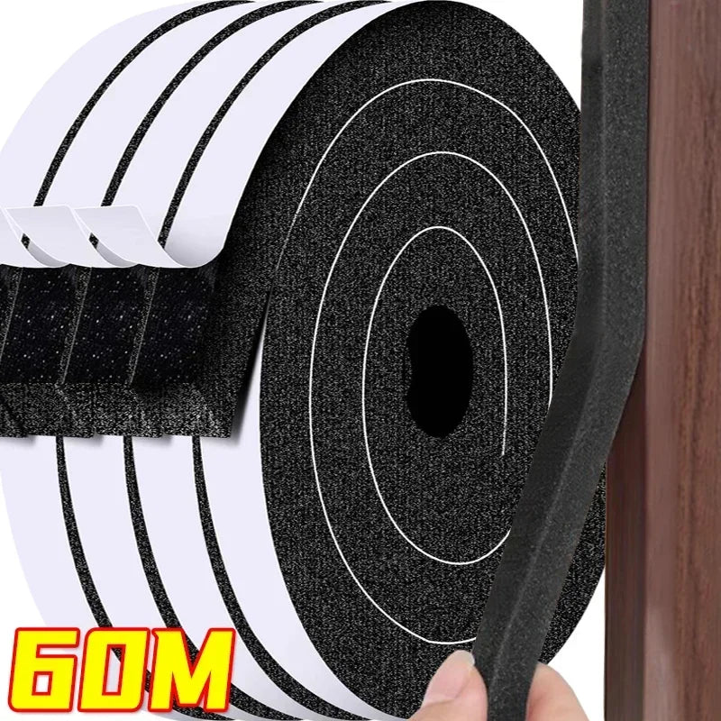 60/2m Foam Door Window Sealing Strip Weather Stripping Soundproof Windproof Dustproof Black Self-Adhesive Sponge Seal Tape