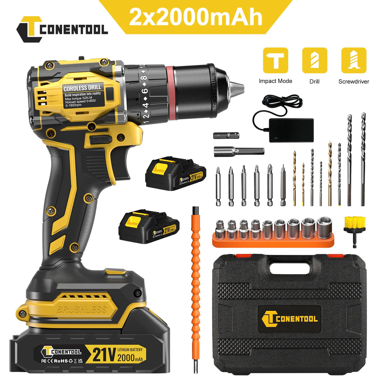 CONENTOOL 21V Brushless Heavy-Duty Impact Drill, 52N.m, 3/8" Keyless Metal Chuck, 28+3 Clutch, Cordless Drill with 2.0Ah Battery