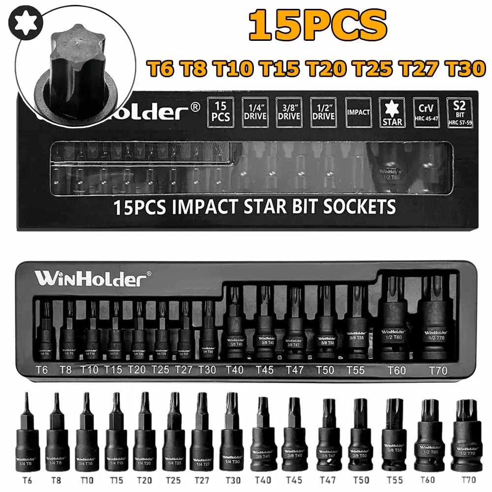 15Pcs/Set Impact Torx Bit Socket Set 1/4" 3/8" 1/2" lnch Drive Tools T6 To T30 TRX-Star Bits Sockets For Garage Repair Kit