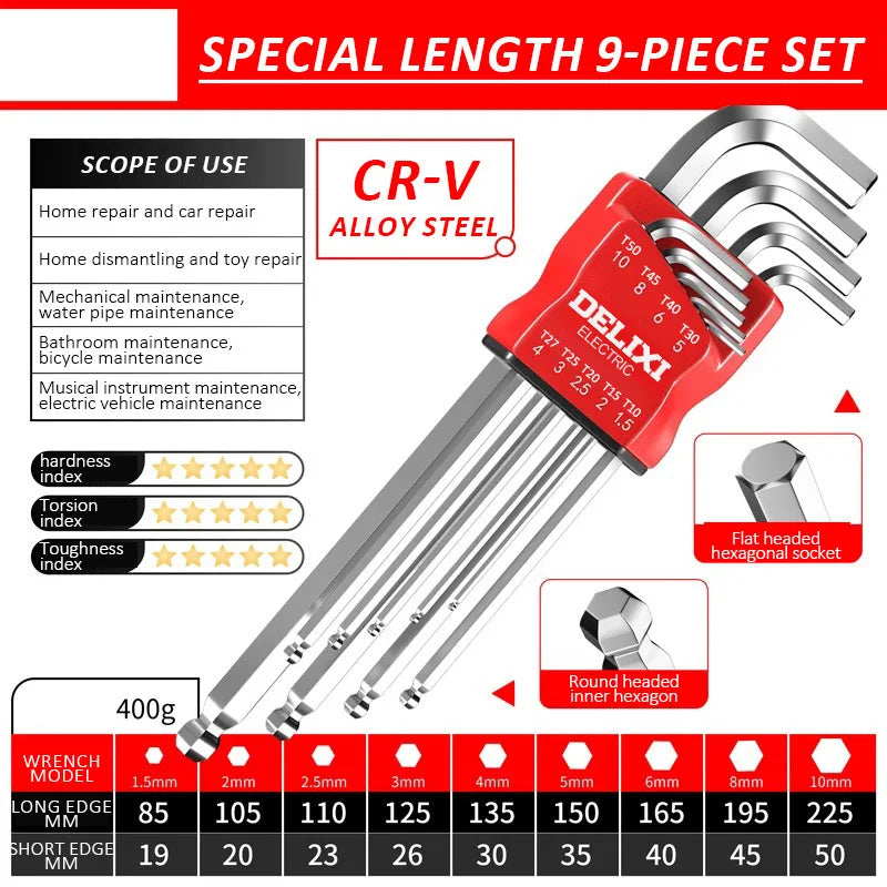 DELIXI ELECTRIC Allen Key Set,Allen Hex Wrench Screwdriver Set With Sleev Universal Torque Long Metric,for Motorcycles, Bicycles