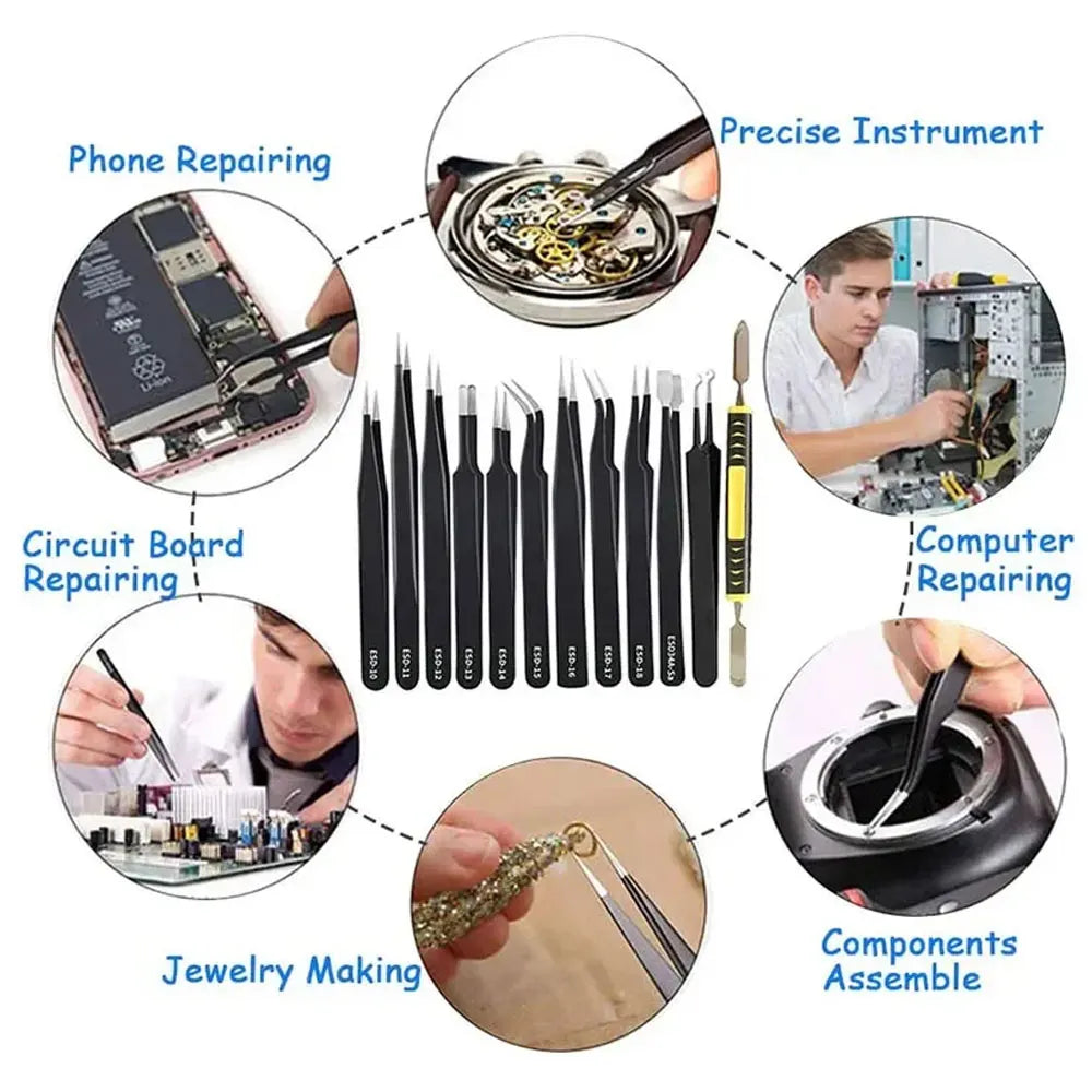 10PCS Stainless Steel Precision Antistatic Electrostatic Tweezers Set Maintenance Tools Professional Electronic Tweezers