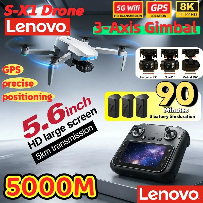 Lenovo S-X1 MAX GPS Drone 3-Axis Gimbal 8K Camera 5000m FPV Foldable Drone with LCD Remote Screen 3 Batteries Professional UAV