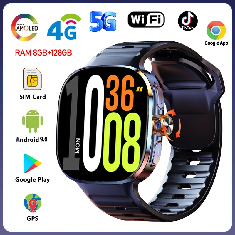 5G/4G Smart Watch 2.4 inch AMOLED 2100mah Battery 900W Camera GPS WIFI Google APPS Download 8GB+128GB RAM Smartwatch Android 10
