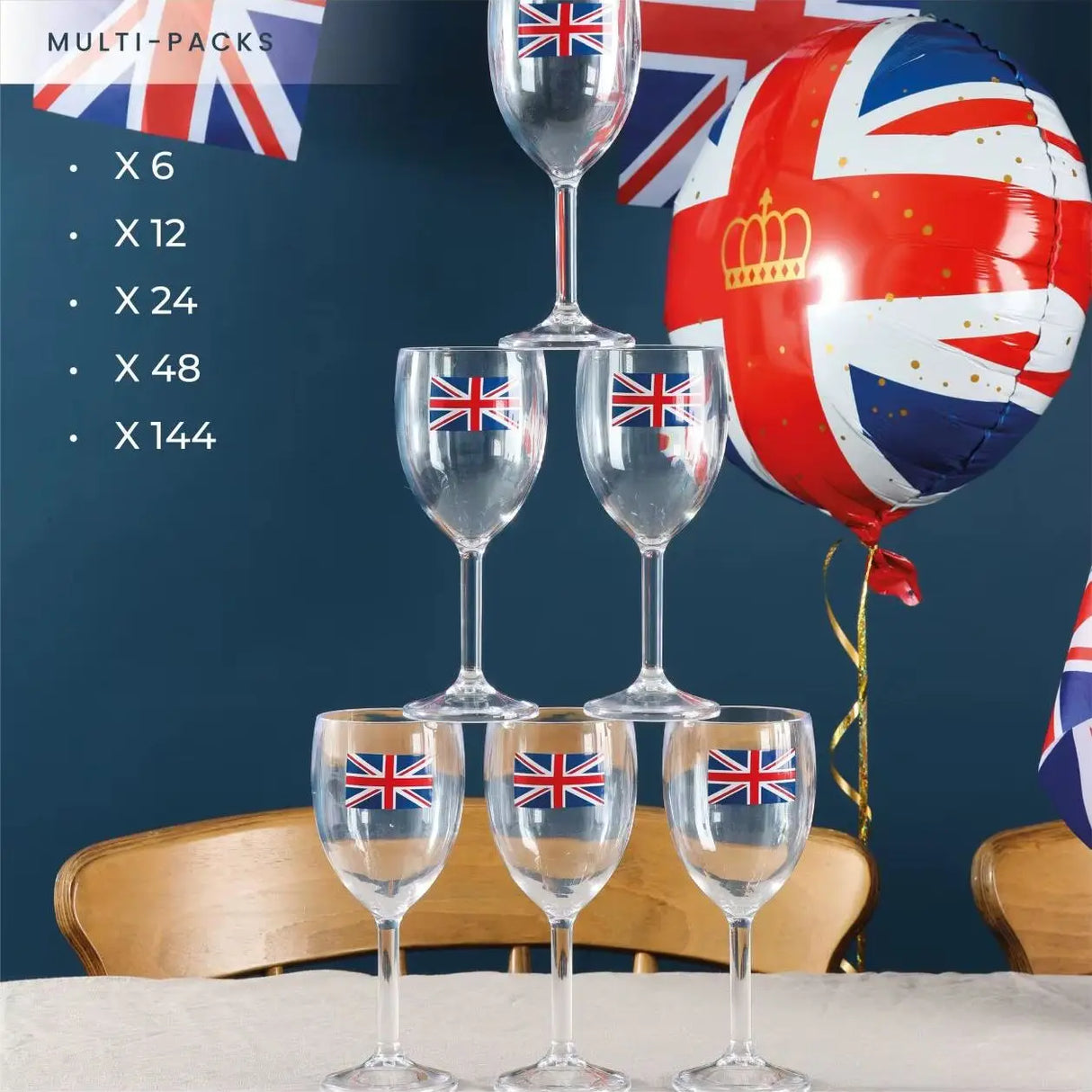 Pack of 12 Union Flag Plastic Wine Glasses - 300ml/10oz Durable, Reusable Cups for Parties, BBQs & British Celebrations
