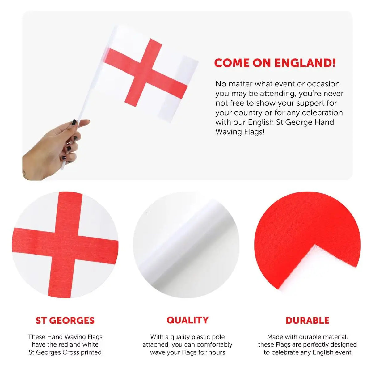 Pack of 12 St George England Hand-Waving Flags - 20x15cm Flags on 35cm Sticks, Perfect for Sports Events, National Celebrations