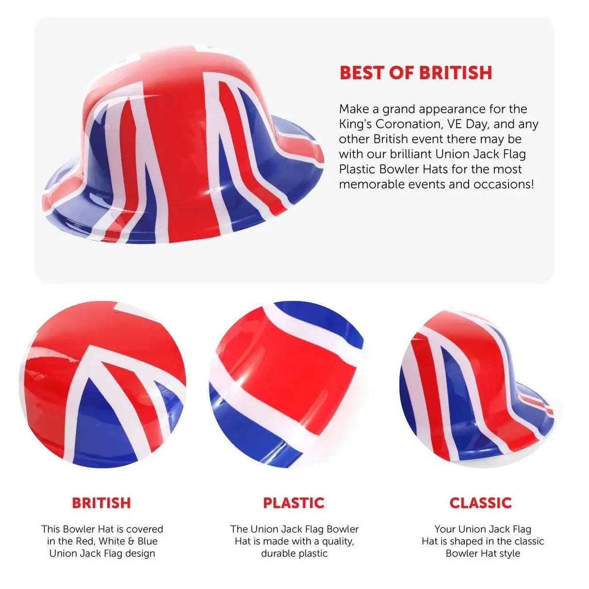 Union 6 Pack Union Flag Bowler Hats – Classic Plastic Hat for VE Day UK