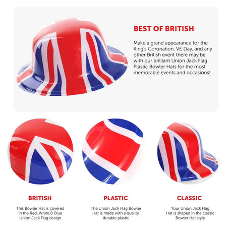 Union 6 Pack Union Flag Bowler Hats – Classic Plastic Hat for VE Day UK
