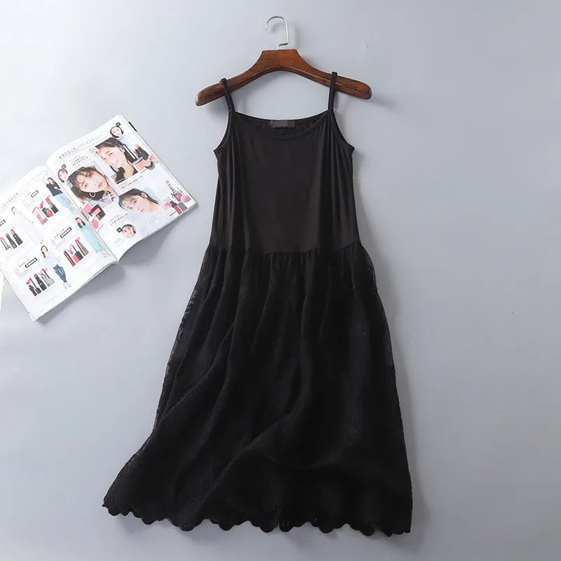Women Summer Dresses Casual Japanese Style Cute Mori Girl Mesh Lace Stitchcing Spaghetti Strap Dress Modal Sundress jurk dames