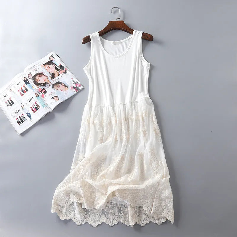 Women Summer Dresses Casual Japanese Style Cute Mori Girl Mesh Lace Stitchcing Spaghetti Strap Dress Modal Sundress jurk dames