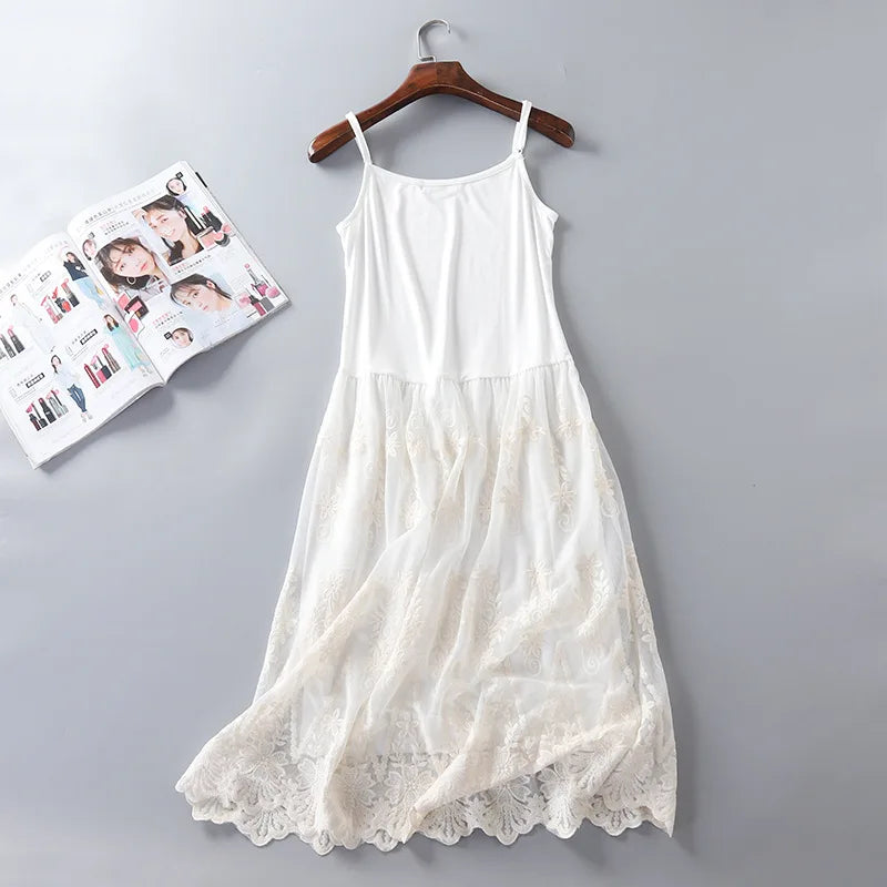 Women Summer Dresses Casual Japanese Style Cute Mori Girl Mesh Lace Stitchcing Spaghetti Strap Dress Modal Sundress jurk dames