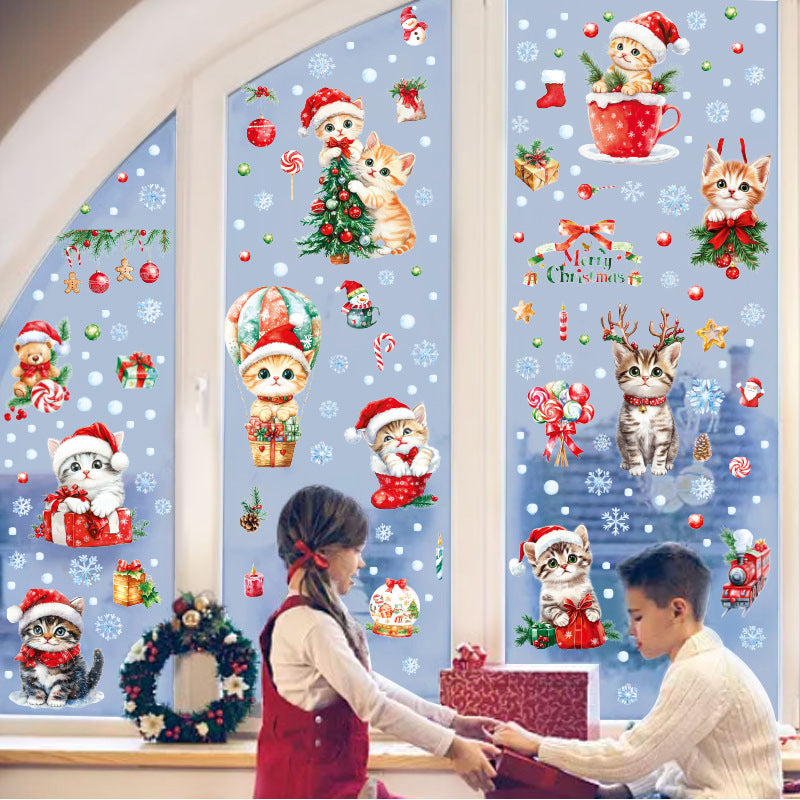 Cross Border Christmas Kitty Christmas Tree Snowflake Glass Electrostatic Sticker Holiday Party Window Decoration Self-Paste