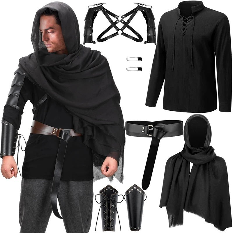 6 Piece Set Halloween Man Renaissance Costume suit Medieval Pirate Shirt Ankle Ribbon Pants