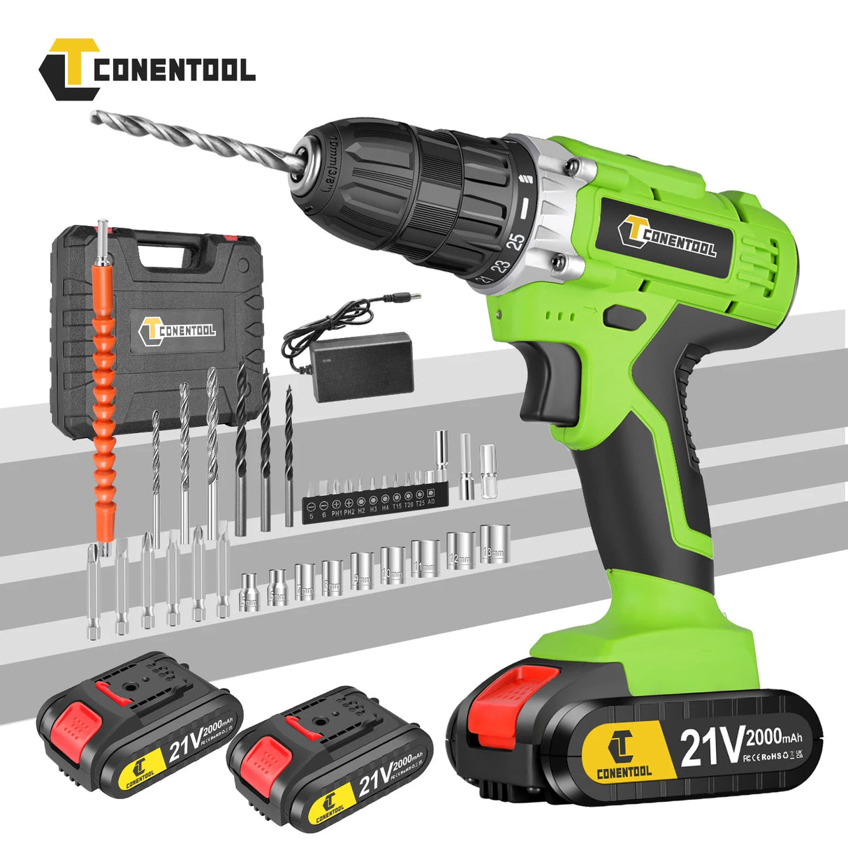 Conentool  Electric Screwdriver 21V Rechargeable Battery Cordless Drill Driver LED Work Light Electric Drill 45N.M 25 Torque Set