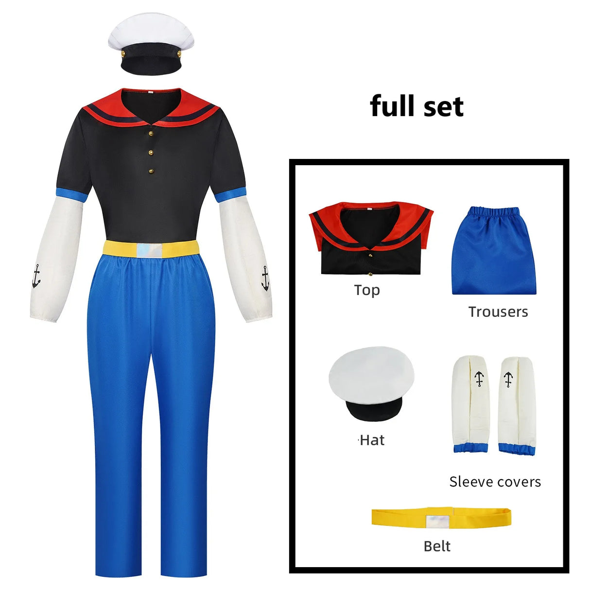 Classic Cartoon Popeye the Sailor Cosplay Costume With Hat Funny RolePlay Outfits For Men Woman Hallowmas Party suit