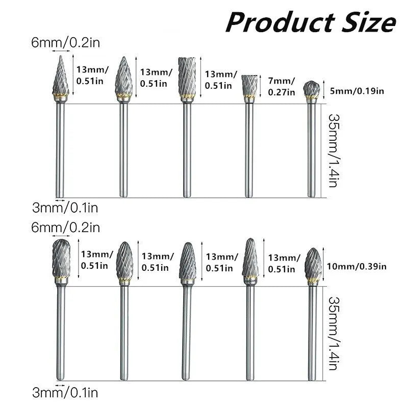 10pcs Carbide Burr Set, Hard Alloy Tungsten Steel Double Cut Rotary File Milling Cutter Head, Woodworking Grinding Carvin