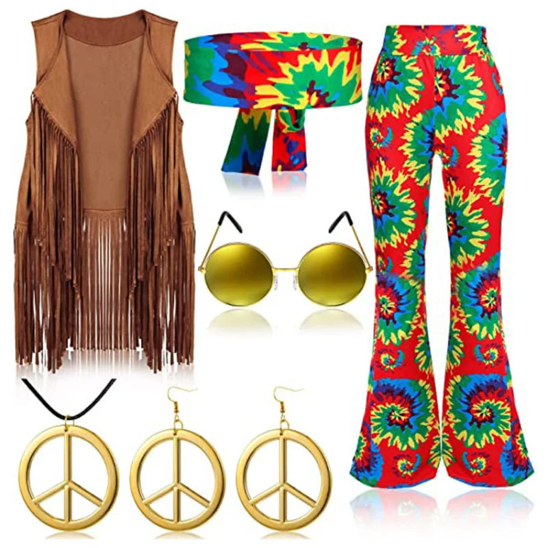 Halloween Hippie Costume Women's Set for Carnival 70s Clothing Accessories Six-Piece Set Tassel Vest+Pants+Headband Set