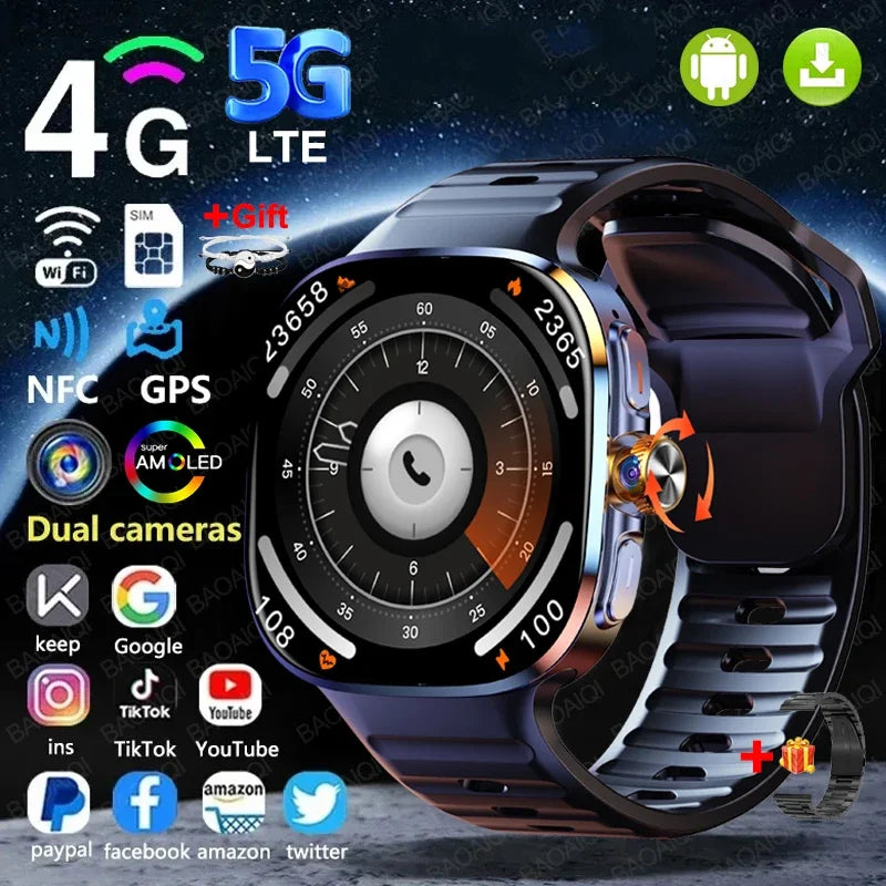 New Large Screen Smartwatch 4G/5G Android 10.0 AMOLED 2.4 inch 900W Pull-out Swivel Camera WIFI GPS Smart watch 16GB+256GB RAM