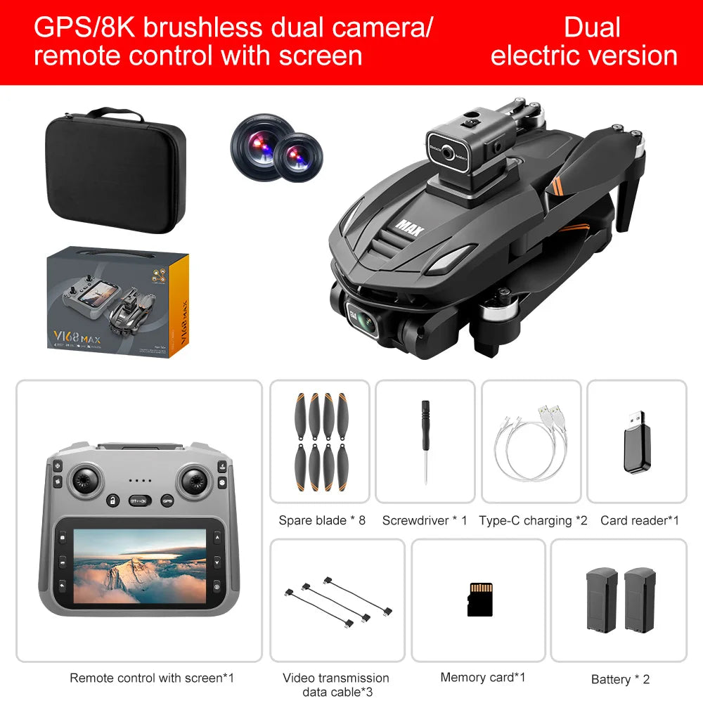Lenovo V168 MAX 5GGPS Drone 4K Professional Camera Aerial FPV Brushless Avoiding Obstacle Large Screen 8K RC Folding Drones Toy