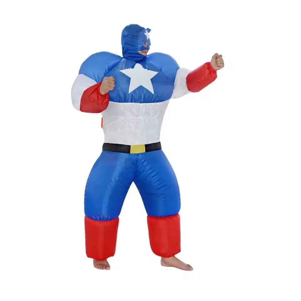 Superman Inflatable Captain Super Hero Cosplay Blue Muscle Hulk Batman Jumpsuit Costume Halloween For Adult Inflate Costume Prop