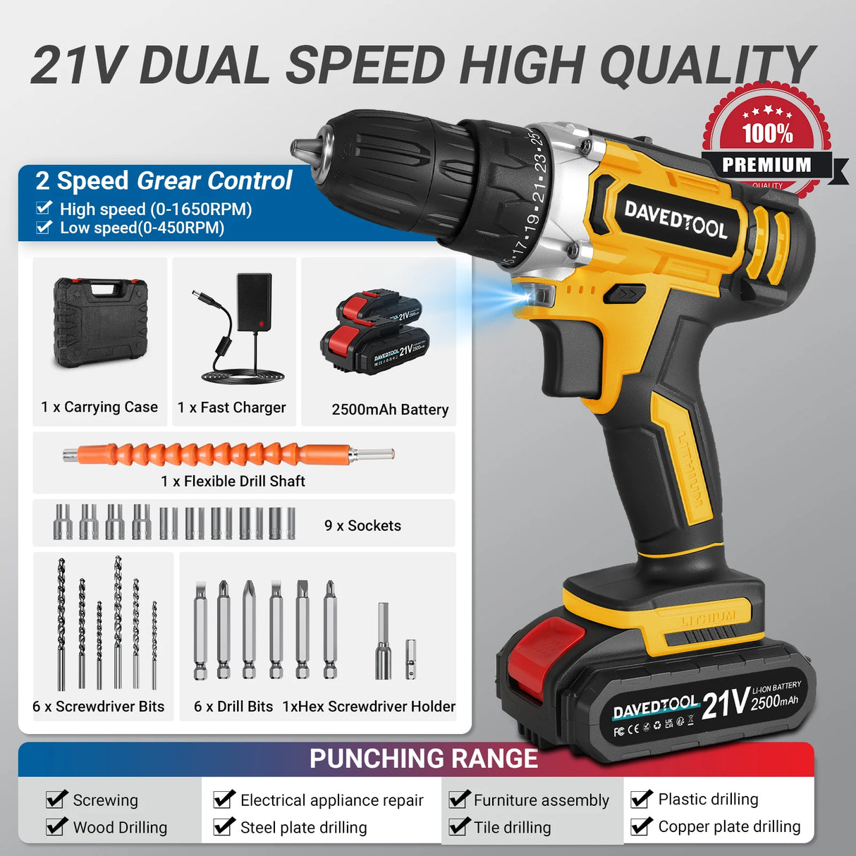 DAVEDTOOL 21V Cordless Drill Driver Kit Electric Screwdriver 2 Speed Gear, 2 x Batteries, 24 Piece Accessories for Home and DIY
