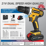 DAVEDTOOL 21V Cordless Drill Driver Kit Electric Screwdriver 2 Speed Gear, 2 x Batteries, 24 Piece Accessories for Home and DIY