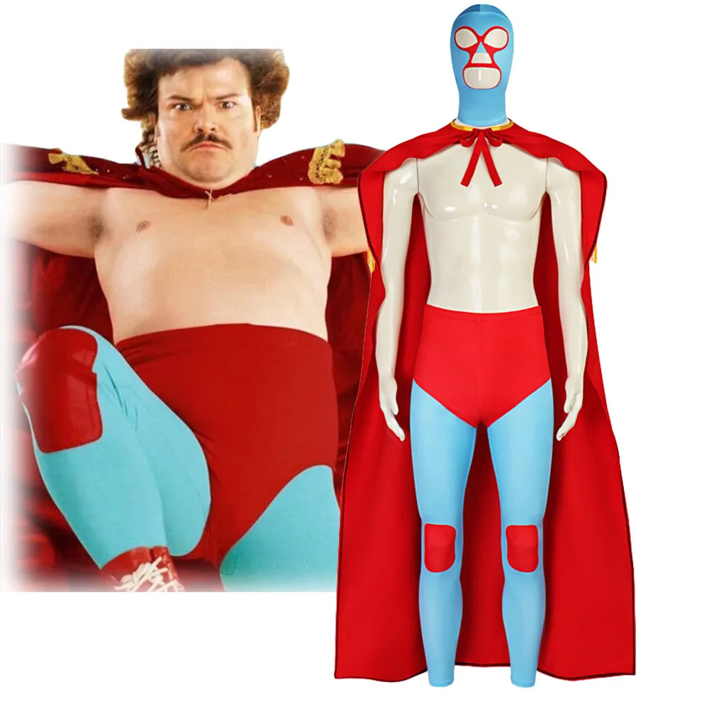 Nacho Cosplay Costume Mexican Movie Nacho Libre Wrestling Mask Uniform Suit Red Cloak Jumpsuit Outfit Adult Men Halloween