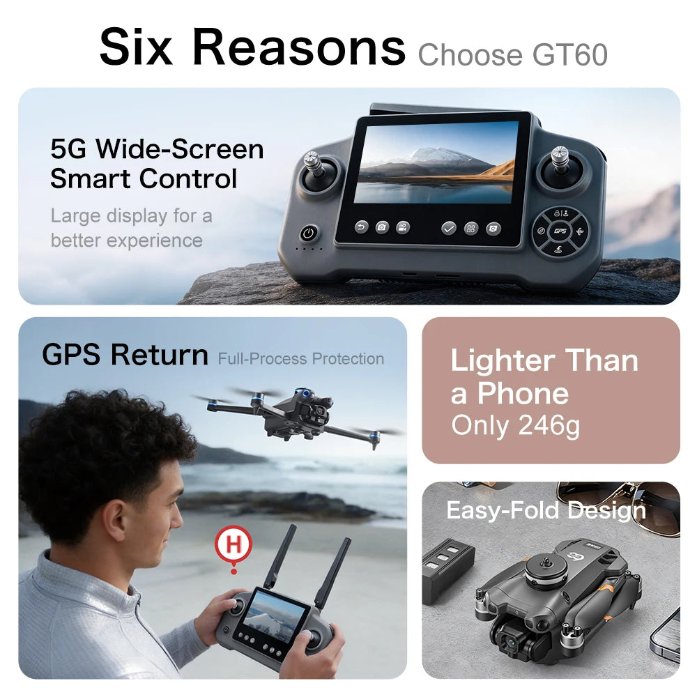 Lenovo GT60 GPS Foldable RC Quadcopter 4.3 Inch Screen 4K HD 8K Brushless Airdrop 5G FPV Dual Camera Drone High Quality PremiumX