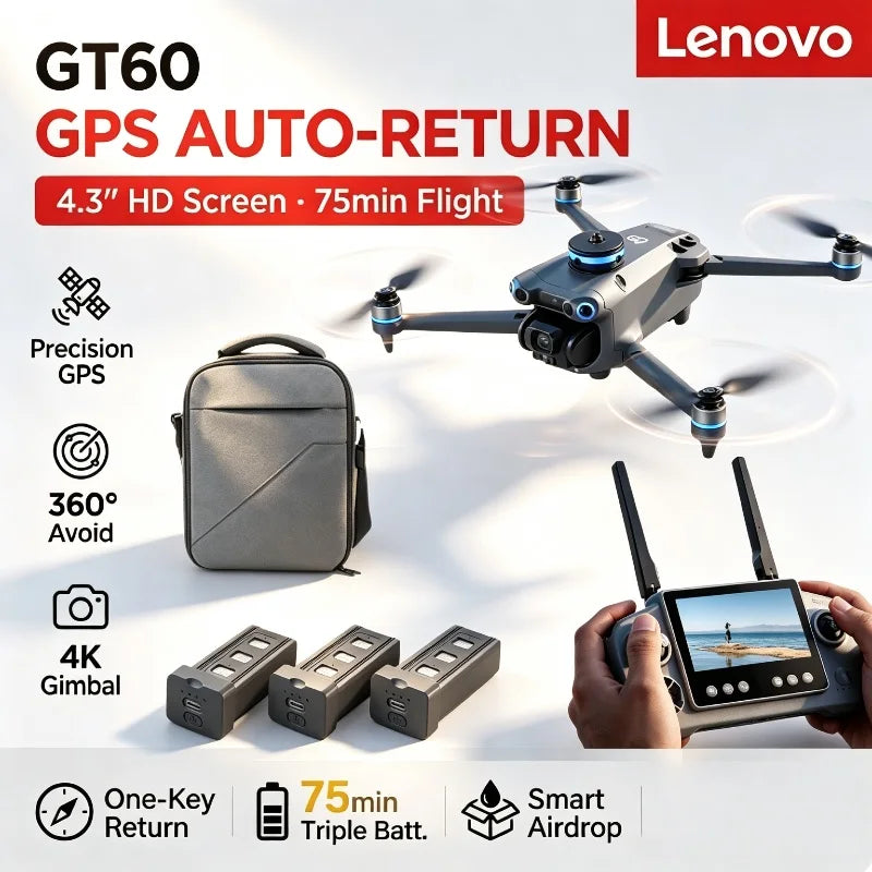 Lenovo GT60 GPS Foldable RC Quadcopter 4.3 Inch Screen 4K HD 8K Brushless Airdrop 5G FPV Dual Camera Drone High Quality PremiumX