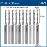 Milling Cutter 10pcs 3.175mm Shank Ball Nose End Mill 2 Flute Flat CNC Router Bits PCB Milling Cutter for Woodworking Tools
