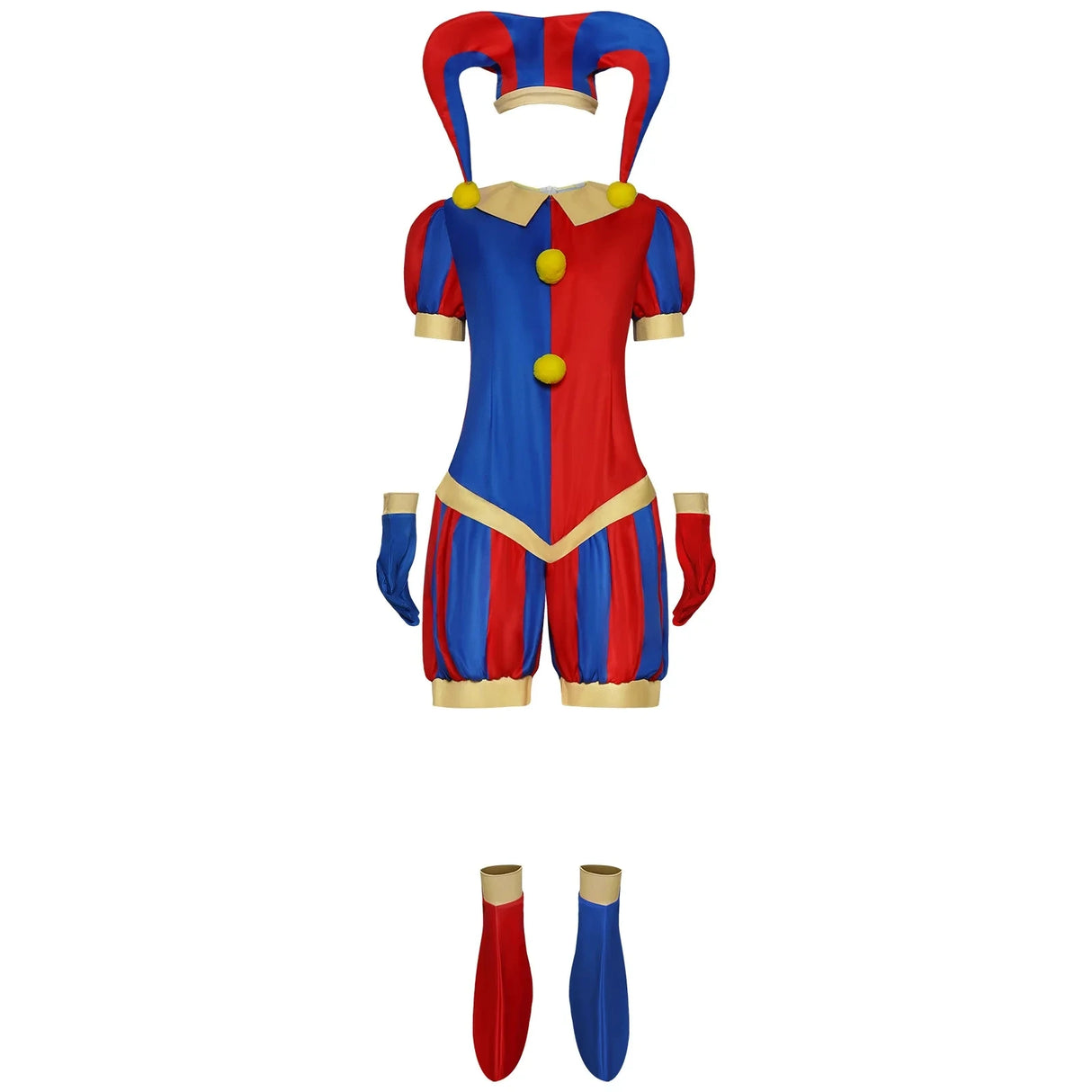 Costume de Cosplay de Clown pour femmes adultes, costume de bouffon, combinaison et chapeau bleu rouge avec gants et chaussettes