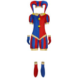 Costume de Cosplay de Clown pour femmes adultes, costume de bouffon, combinaison et chapeau bleu rouge avec gants et chaussettes
