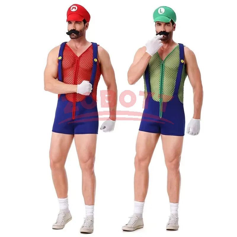 Anime Luigi Bros Cosplay Costume Red Blue Hollow Overalls Jumpsuits Costume Carnival Party Disguise Plumber Funny Onesie