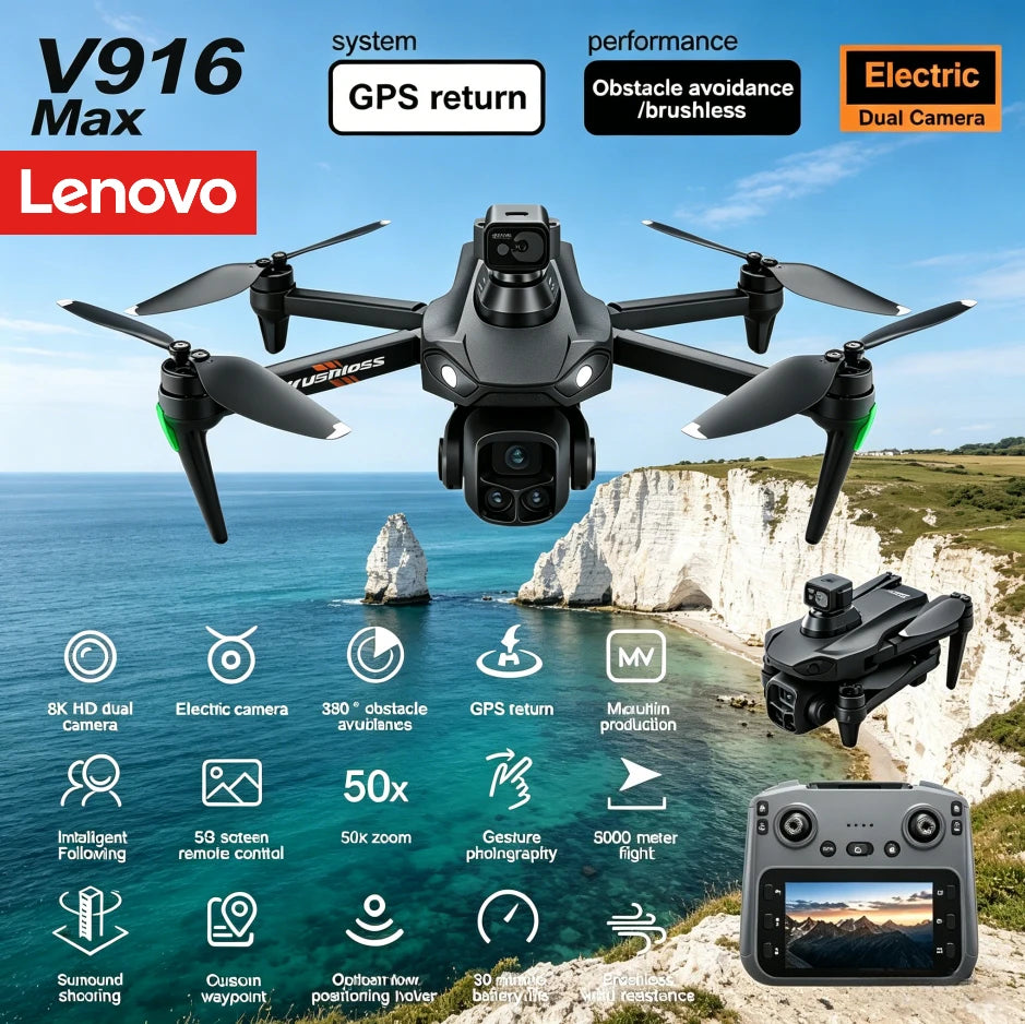 Lenovo V916MAX GPS Return Drone 5G 8K HD 4K Dual Camera Dron Remote With Screen Laser Obstacle Avoidance Drone RC Toys Gifts FPV