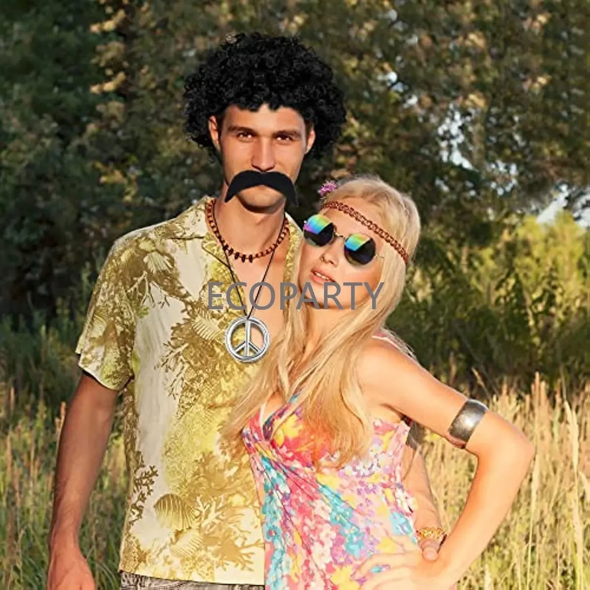 Hippie Costume Accessories 70s Dress Costume Set Includes Funky Afro Wig Glasses Peace Necklace Moustache 60s 70s Hippie Costume