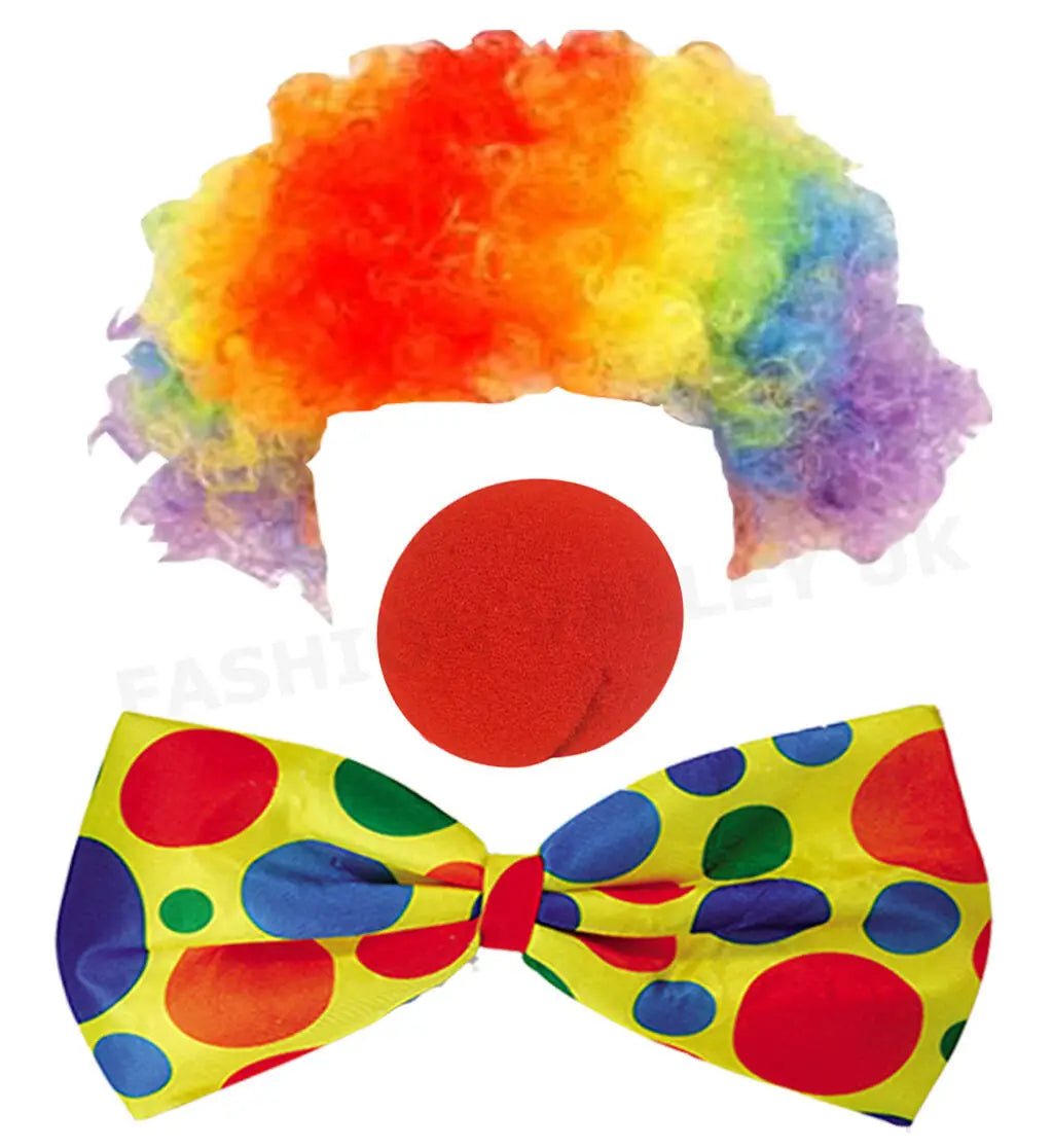 Clown Costume -  Nose Wig Bow Tie Shoes Headband Gloves Hat Stockings and Vest Dress Up Cosplay Props Accessories