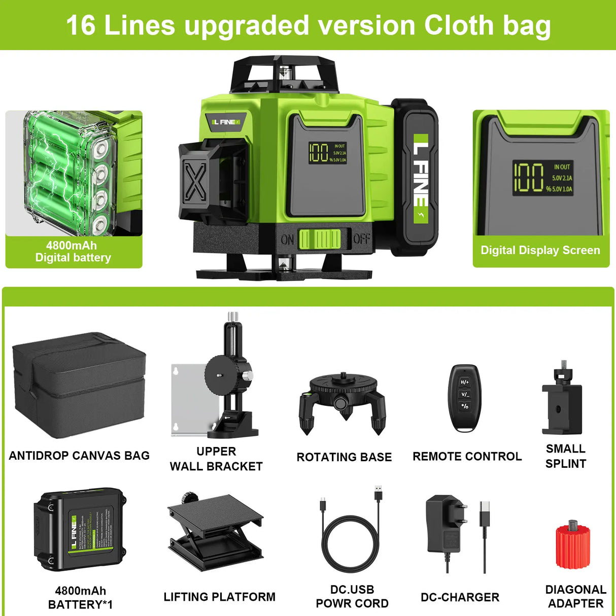 Lfine 4D 16 Lines 360°Self-leveling Laser Levels with Tripod and Suitcase Horizontal And Vertical Professional Laser Level Tool