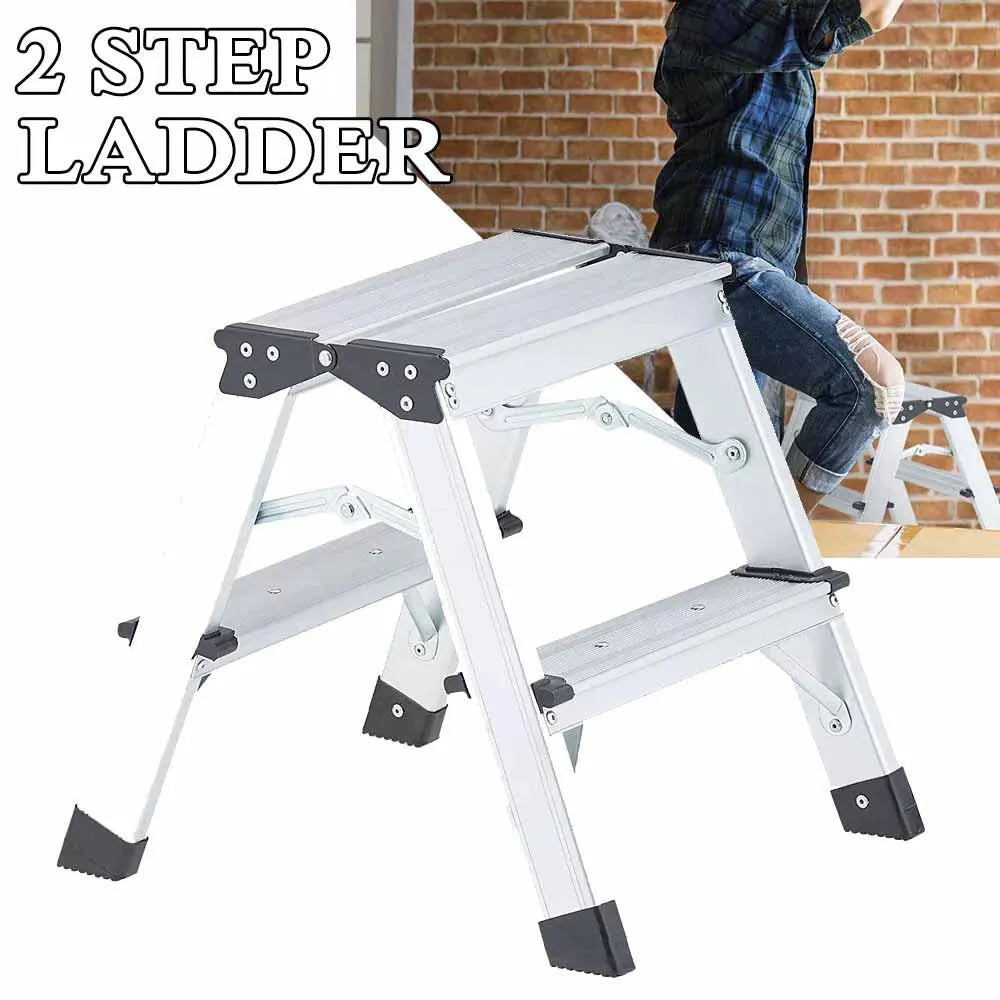 2 Step Folding Ladder Stool Double-Side Aluminium Ladder Non Slip Tread Safety Stool House Work Platform Stepladder